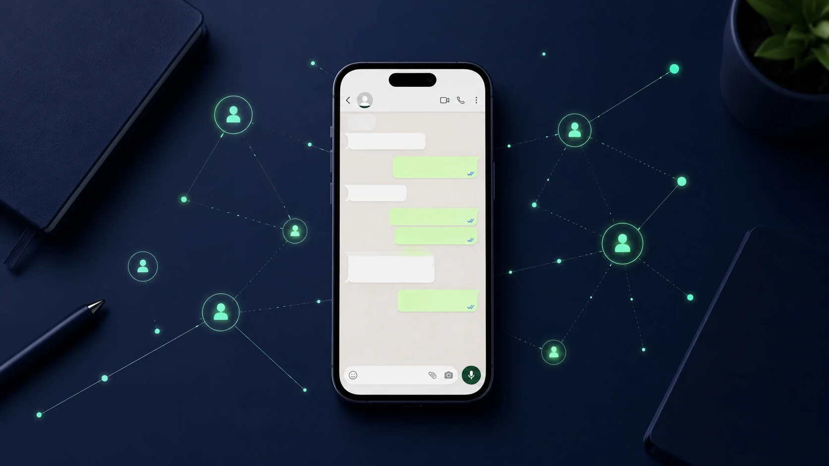 A sleek flat-lay top-down shot of a modern smartphone showing a WhatsApp chat conversation on its screen