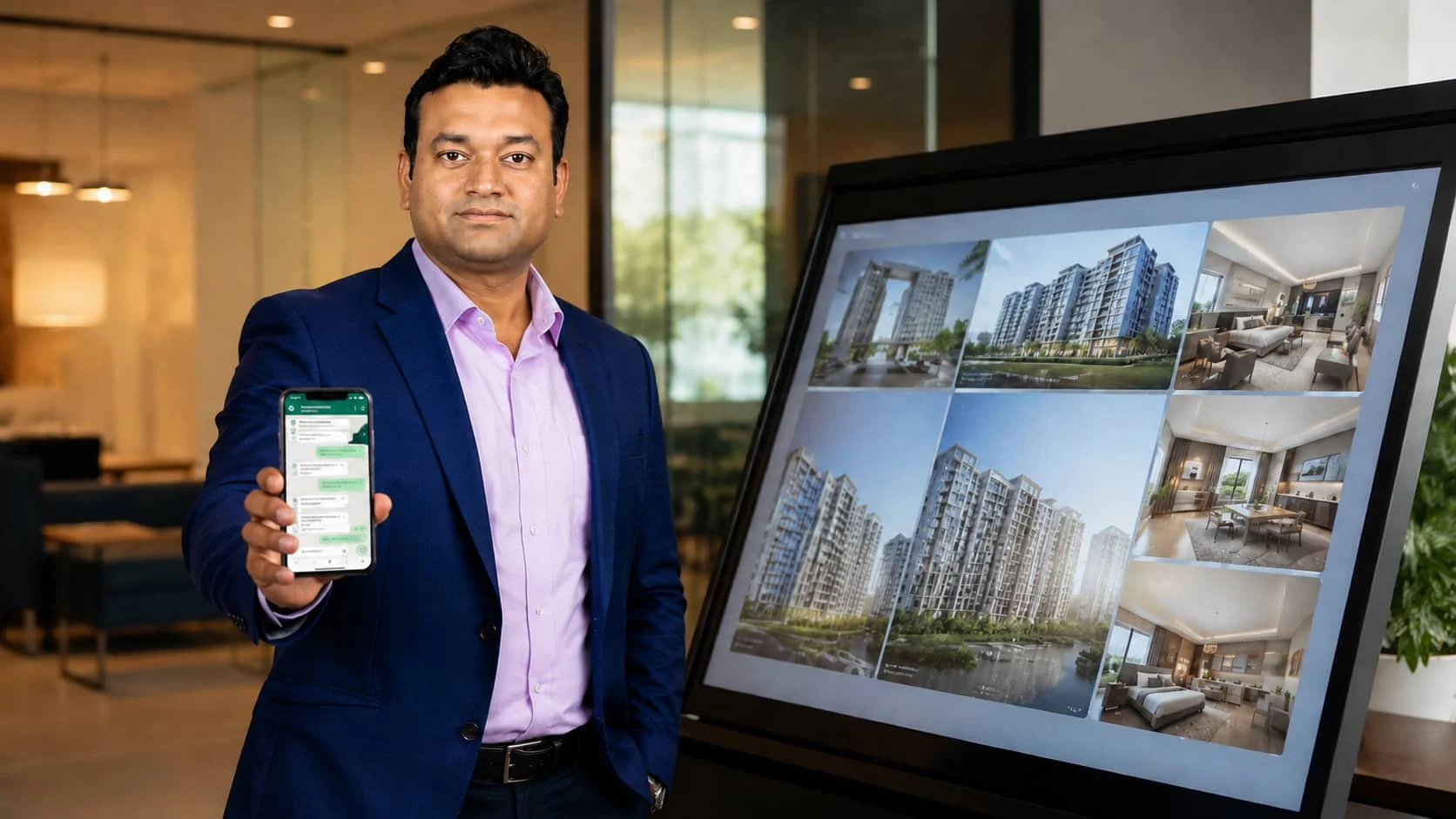 A real estate agent stands next to a digital property listing display while reviewing a WhatsApp conversation on his smartphone — representing how WhatsApp marketing helps real estate agents close deals faster.