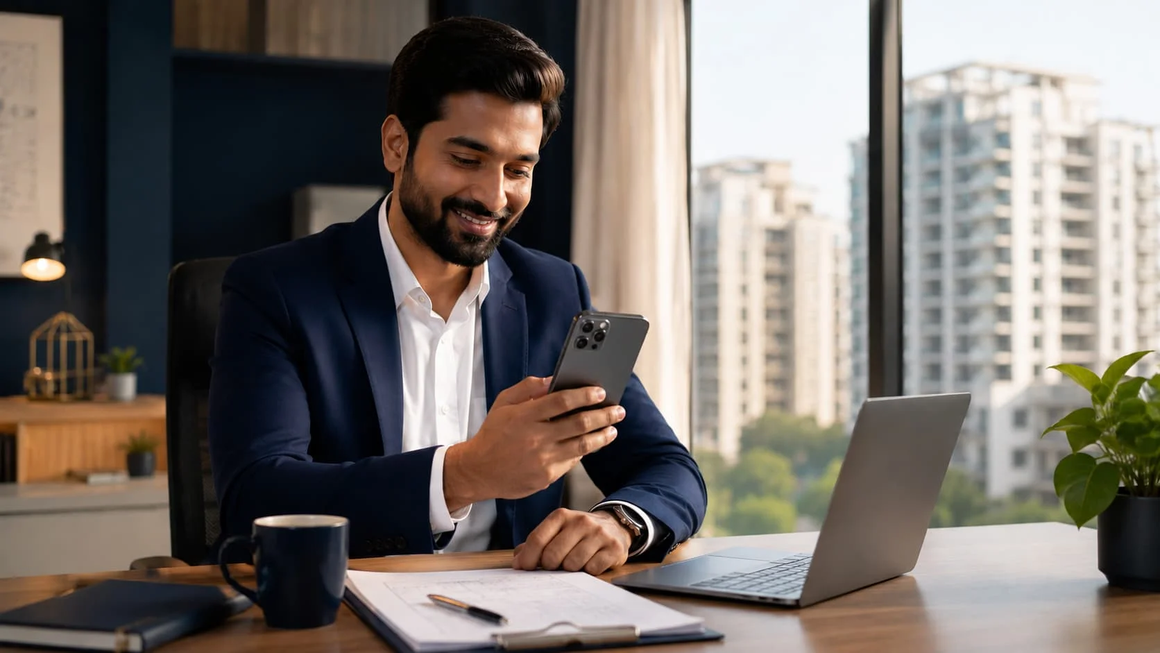 A real estate agent reviewing multiple WhatsApp messages on a smartphone with apartment buildings visible in the background, representing automated lead follow-up at scale for property agents.