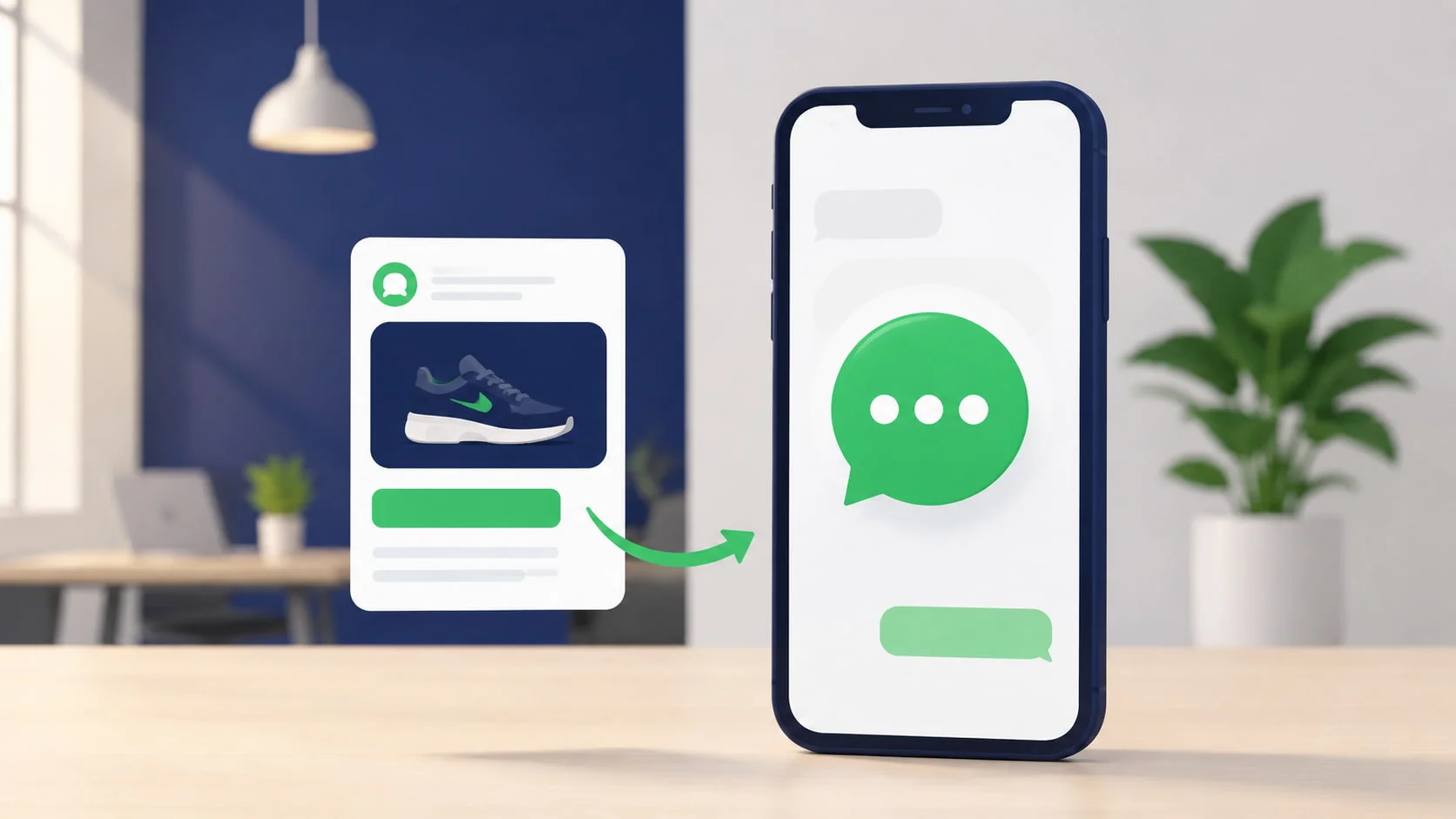 An ad card connected by an arrow into a WhatsApp chat bubble, representing how Click-to-WhatsApp ads turn ad clicks directly into chat conversations.
