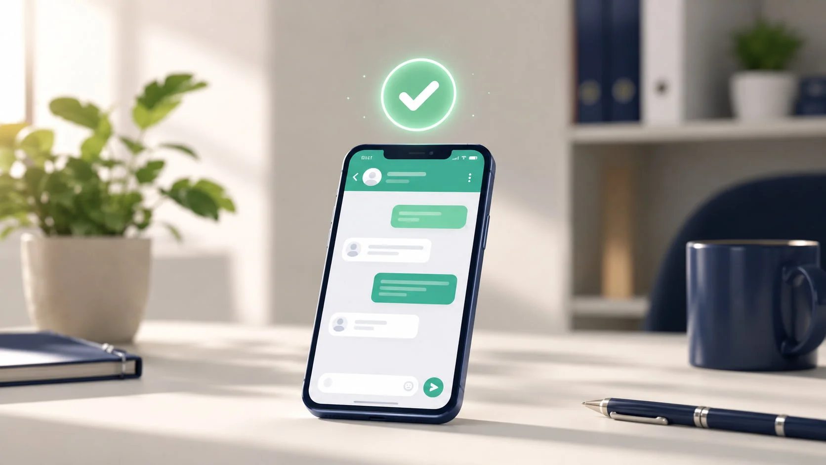 A smartphone with a WhatsApp-style chat screen and a glowing checkmark above it, representing verified, compliant consent before sending WhatsApp opt-in best practices messages.