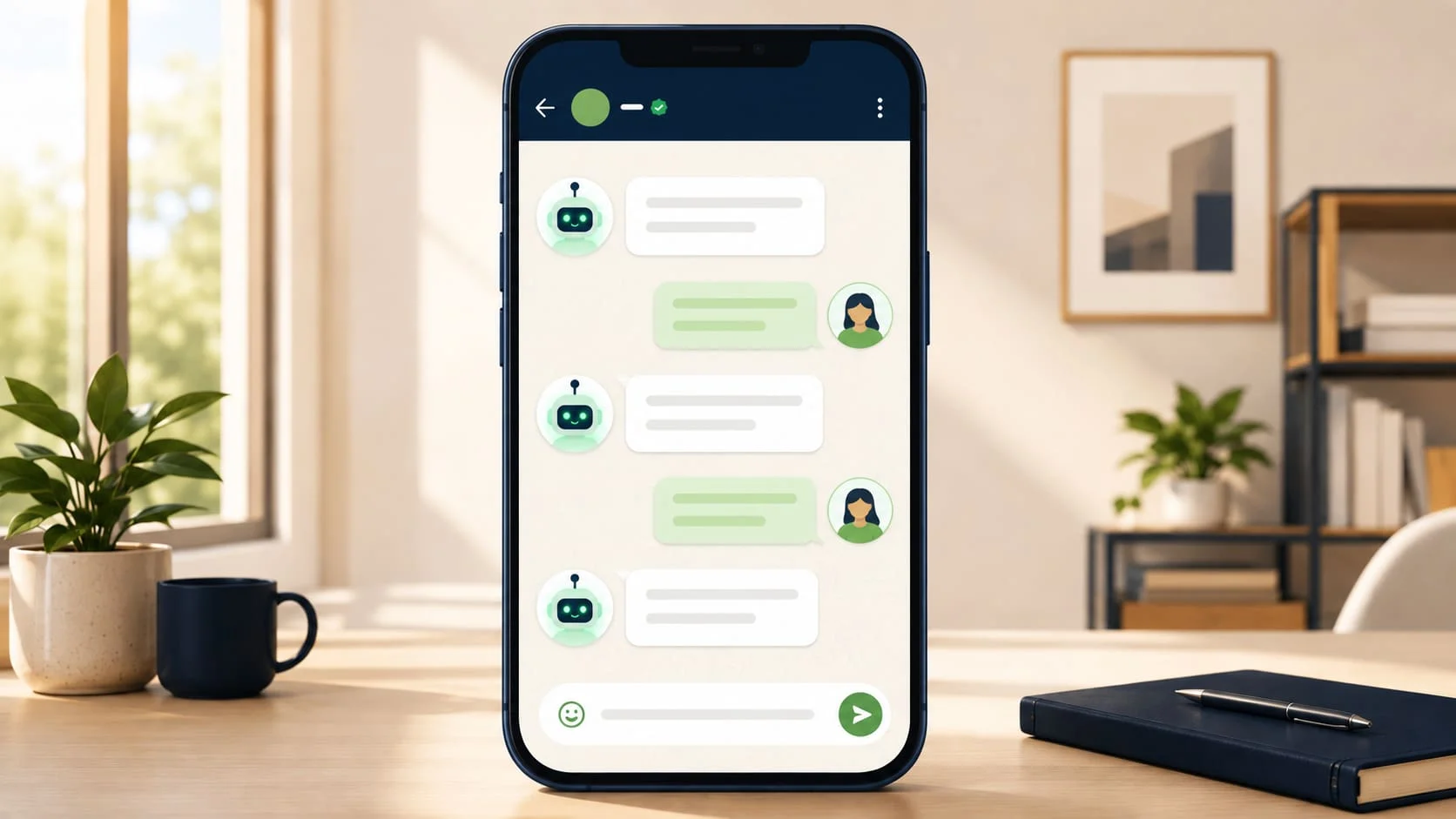A smartphone screen showing a WhatsApp-style conversation between a chatbot and a user, representing how a WhatsApp chatbot handles business enquiries automatically.