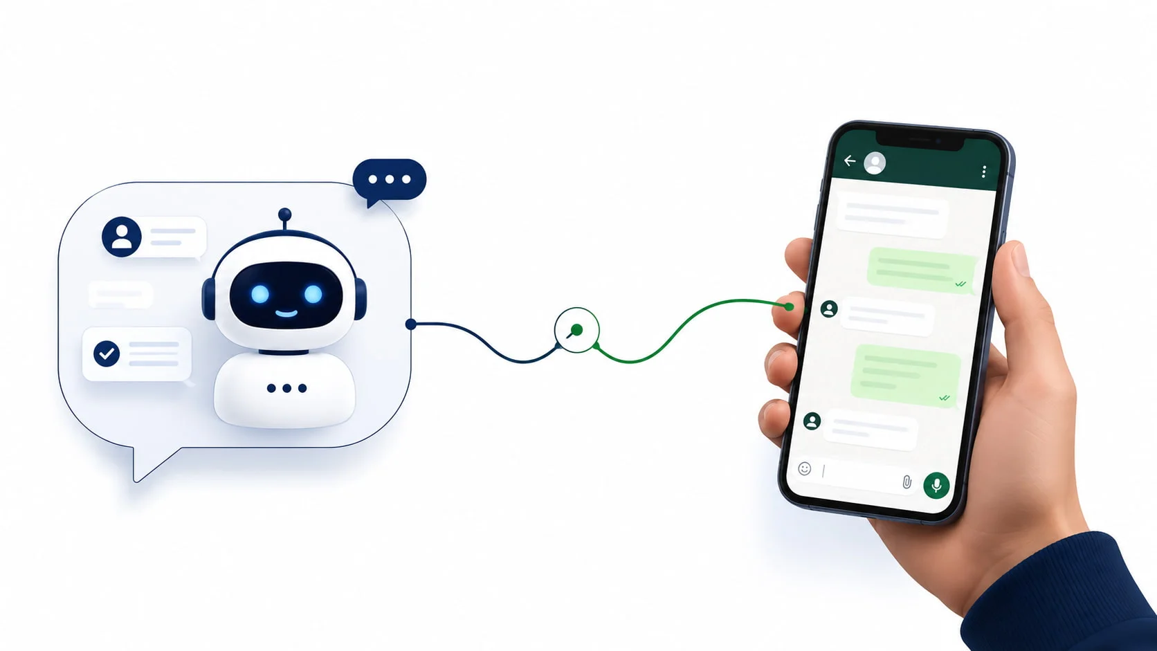 A robot chat bubble and a human hand holding a phone connected by a flowing line, representing WhatsApp lead qualification automation that transitions seamlessly to a human agent.